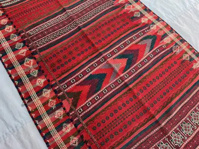 3'4x8'4 ft Vintage Afghan Kilim Runner, Handmade Flatweave Wool Rug, Long Hallway Runner Rug, Red Tribal Carpe