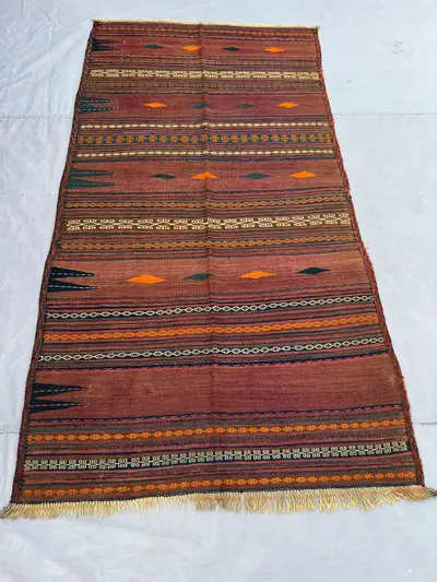 4'2x7'9 Vintage Afghan Flat Woven Wool Kilim Warm Rust Brown Orange Scattered Diamond Stripe Geometric Tribal 