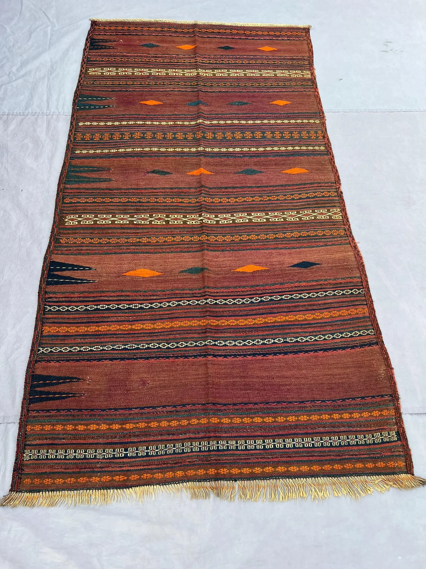 4'2x7'9 Vintage Afghan Flat Woven Wool Kilim Warm Rust Brown Orange Scattered Diamond Stripe Geometric Tribal Boho Living Room Carpet