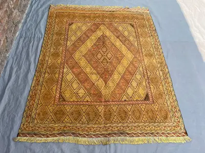 4'10"x5'11" Vintage Afghan Handwoven Kilim Flatweave Rug – Warm Yellow & Red Diamond Design, Tribal Wool, Trad