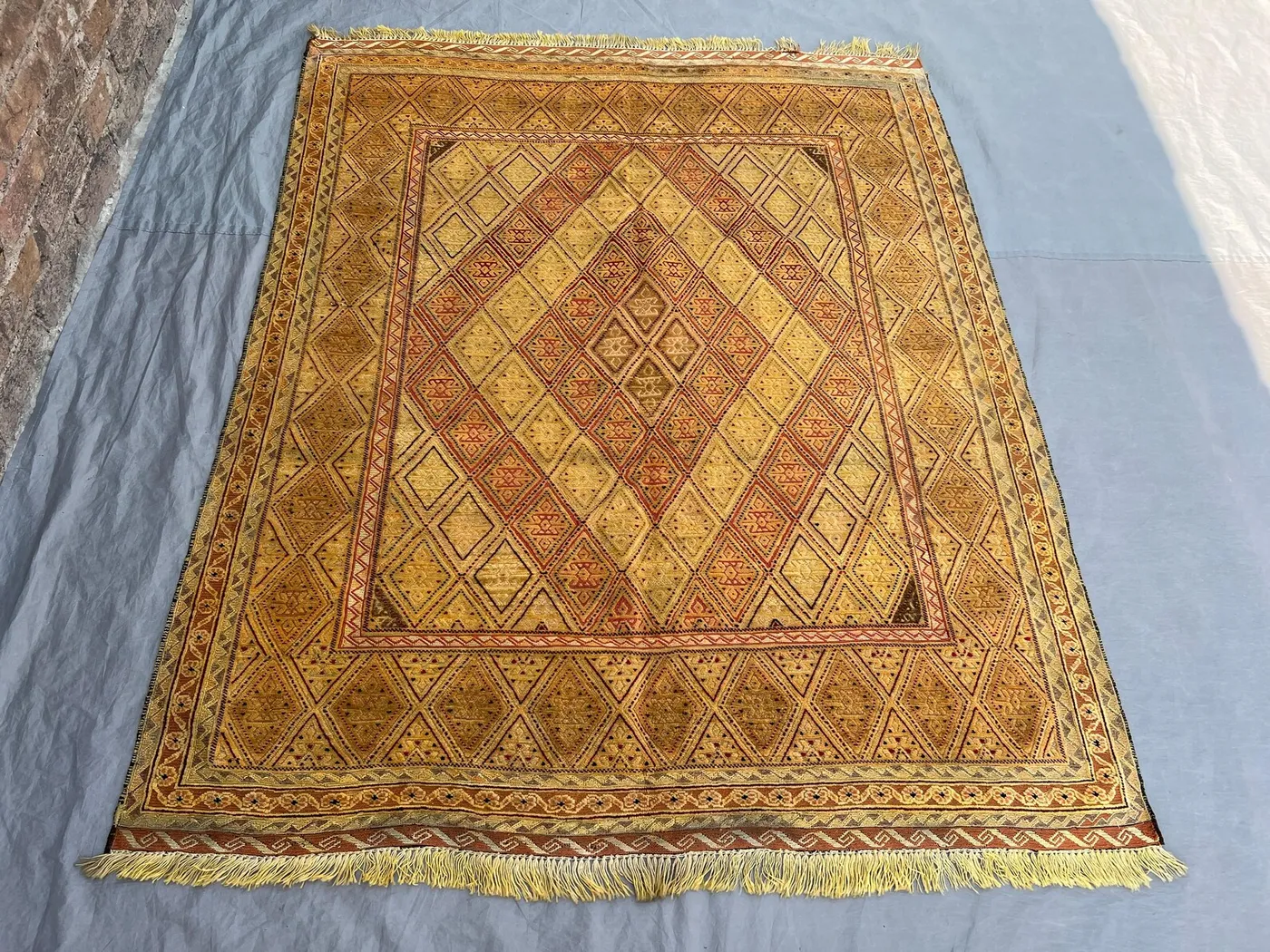 4'10"x5'11" Vintage Afghan Handwoven Kilim Flatweave Rug – Warm Yellow & Red Diamond Design, Tribal Wool, Traditional Living Room or Bedroom