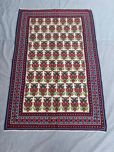 3'7x5'4 ft Vintage Afghan Kilim Handwoven Flatweave - Floral Geometric Design, Multi-Color Tribal Wool Rug Liv