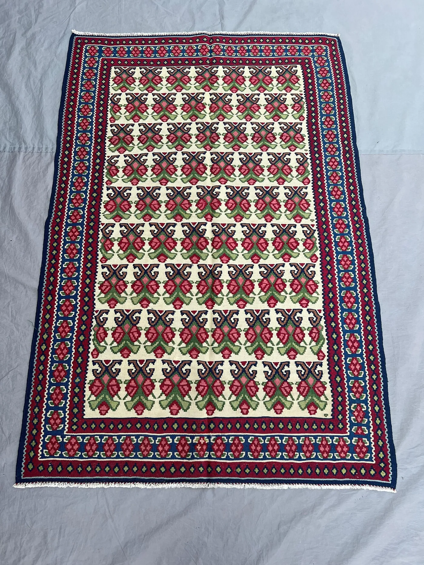 3'7x5'4 ft Vintage Afghan Kilim Handwoven Flatweave - Floral Geometric Design, Multi-Color Tribal Wool Rug Living Room Hallway