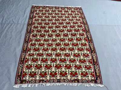 4'5x6'8 ft Vintage Afghan Rug, Handwoven Wool, Floral Design with Intricate Borders, Handknotted, Ideal for Li