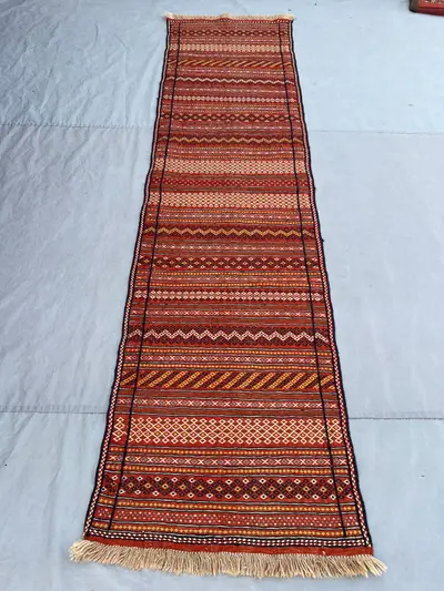 2'6x9'7 ft Vintage Afghan Rug, Handwoven Wool, Geometric Stripes and Patterns, Flat Weave, Handknotted, Ideal 
