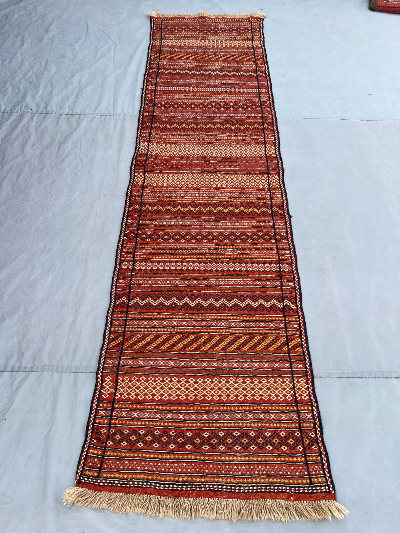 2'6x9'7 ft Vintage Afghan Rug, Handwoven Wool, Geometric Stripes and Patterns, Flat Weave, Handknotted, Ideal for Hallway, Entryway