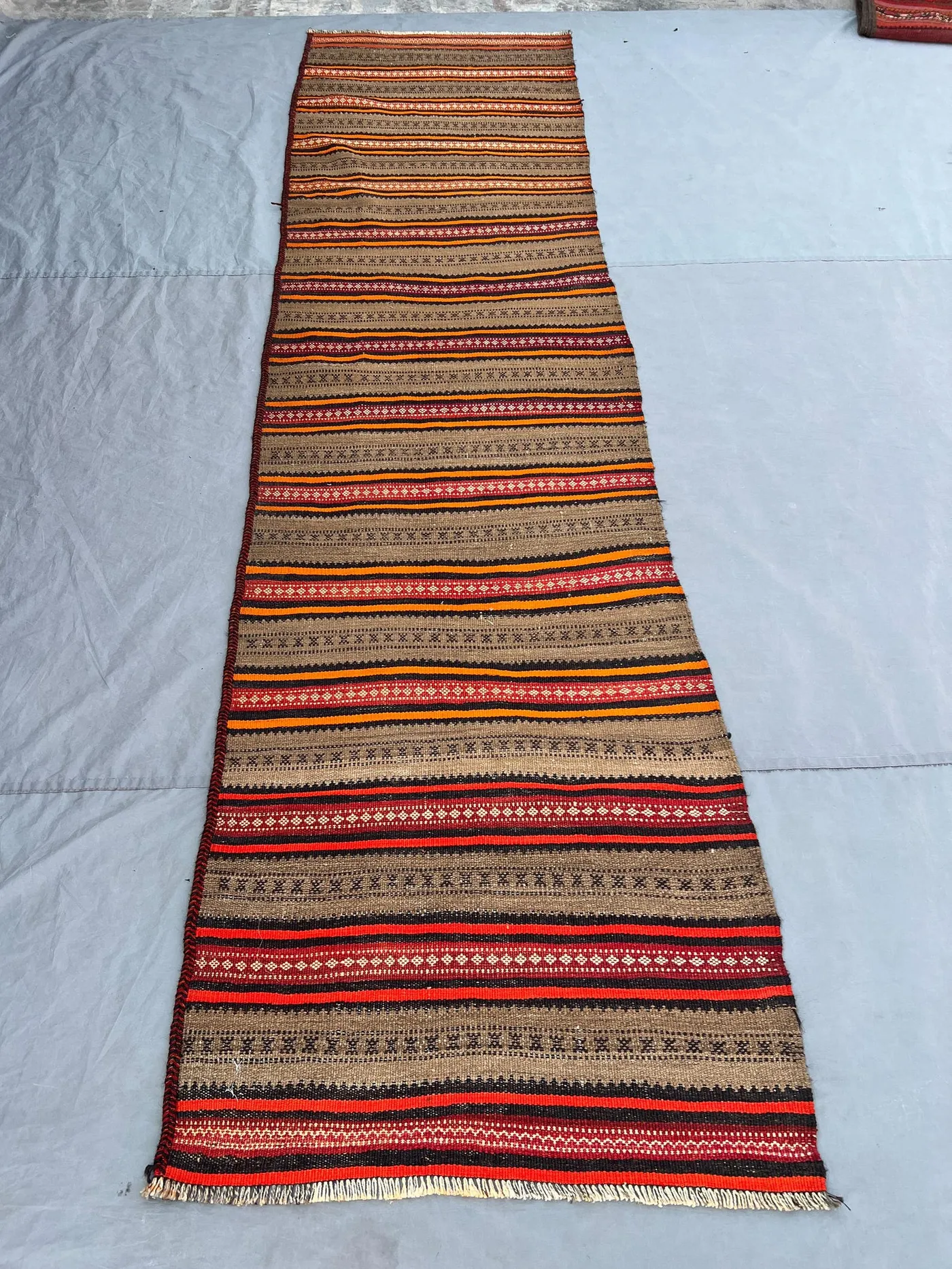 2.7x10'3 ft Vintage Afghan Rug, Handwoven Wool,Striped Design in Red, Orange, and Blue, Flat Weave, Handknotted, Ideal for Hallway, Entryway