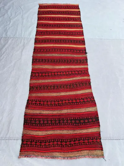 2.7x8.5 ft Vintage Afghan Runner, Handwoven Wool, Striped Design with Geometric Motifs, Flat Weave, Handknotte