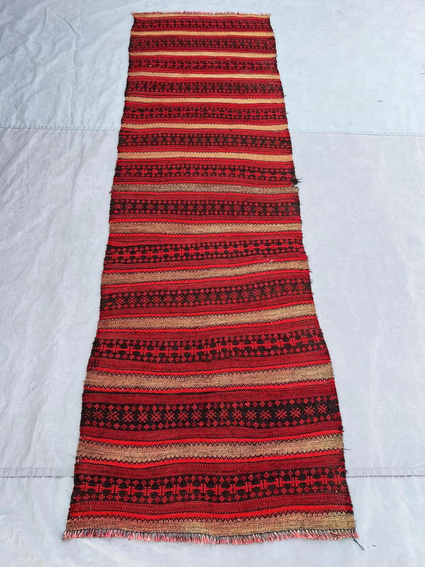 2.7x8.5 ft Vintage Afghan Runner, Handwoven Wool, Striped Design with Geometric Motifs, Flat Weave, Handknotted, Ideal for Hallway, Entryway
