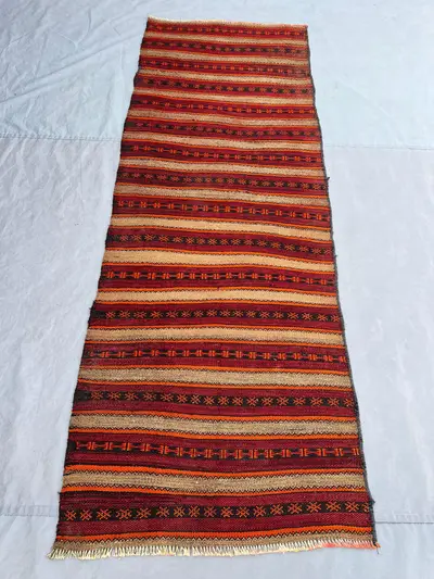 2'10x8 ft Vintage Afghan Rug, Handwoven Wool, Geometric Stripes with Intricate Motifs, Flat Weave, Handknotted