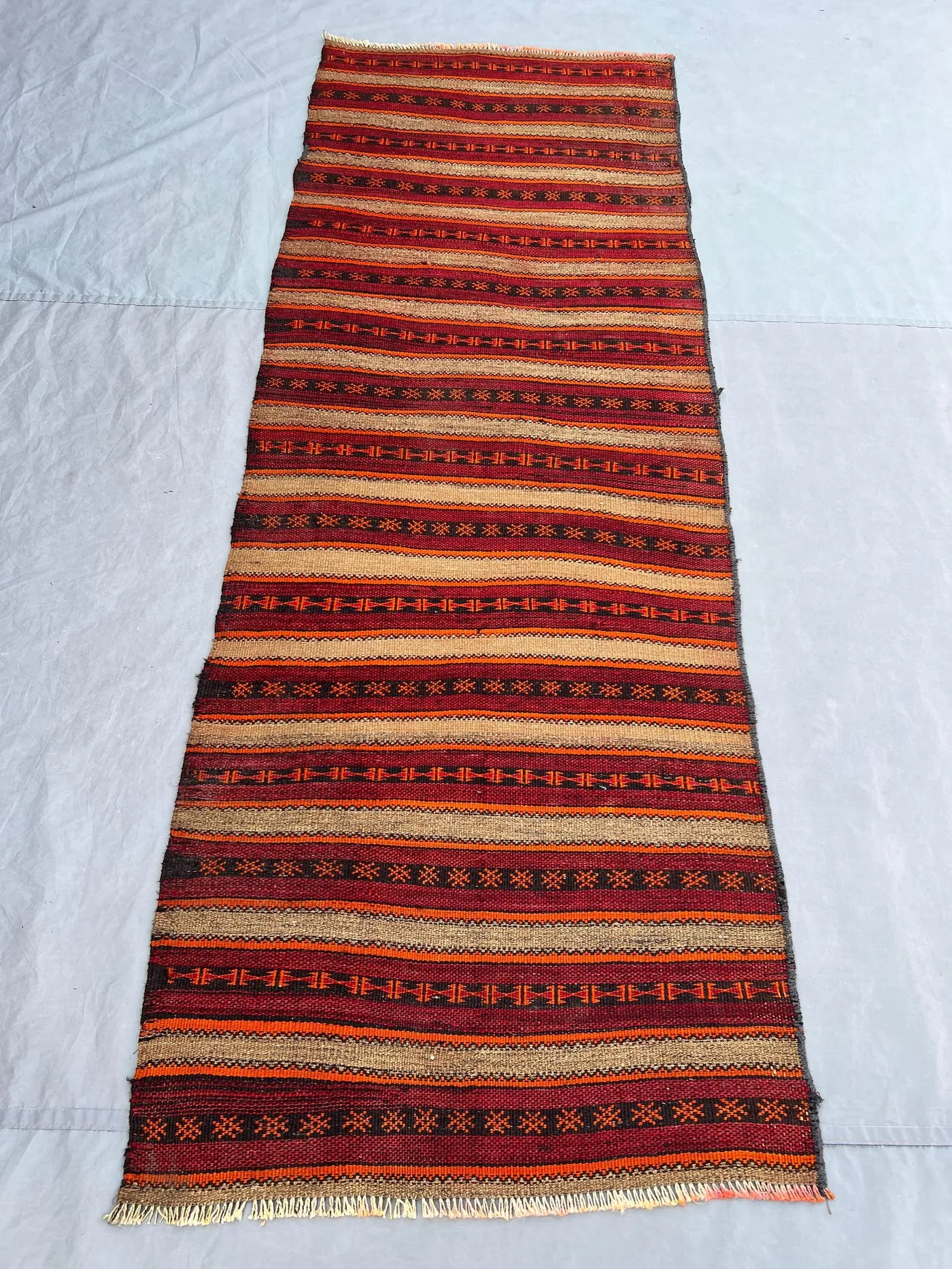 2'10x8 ft Vintage Afghan Rug, Handwoven Wool, Geometric Stripes with Intricate Motifs, Flat Weave, Handknotted, Ideal for Hallway, Entryway
