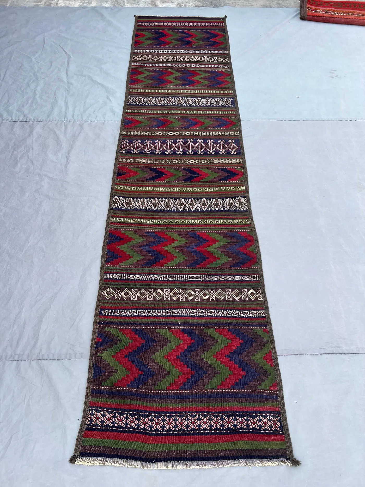 2'5x10'3 Ft Vintage Afghan Kilim Runner Rug Dark Zigzag Chevron Stripe Flatweave Handwoven Wool Hallway Runner | Hallway Stair Kitchen Decor