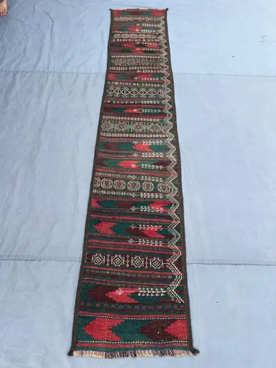 1'9x9'1 Vintage Afghan Flat Woven Wool Kilim Narrow Runner Dark Green Red Zigzag Geometric Tribal Stripe Boho 