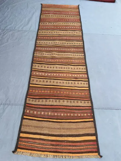 2'7x9'7 Ft Vintage Afghan Flat Woven Wool Kilim Runner Earthy Camel Tan Orange Brown Stripe Star Geometric Tri