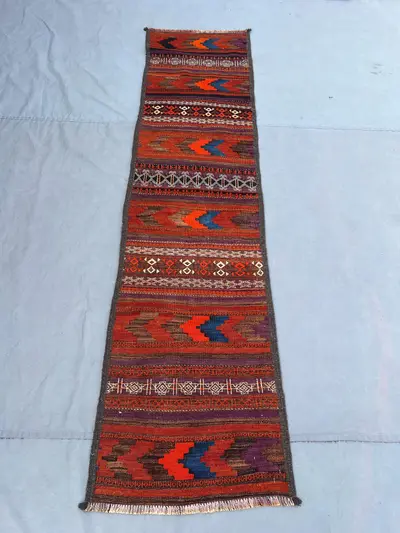 2x7'11 Vintage Afghan Flat Woven Wool Kilim Runner Bold Orange Red Purple Zigzag Chevron Stripe Tribal Boho Ha
