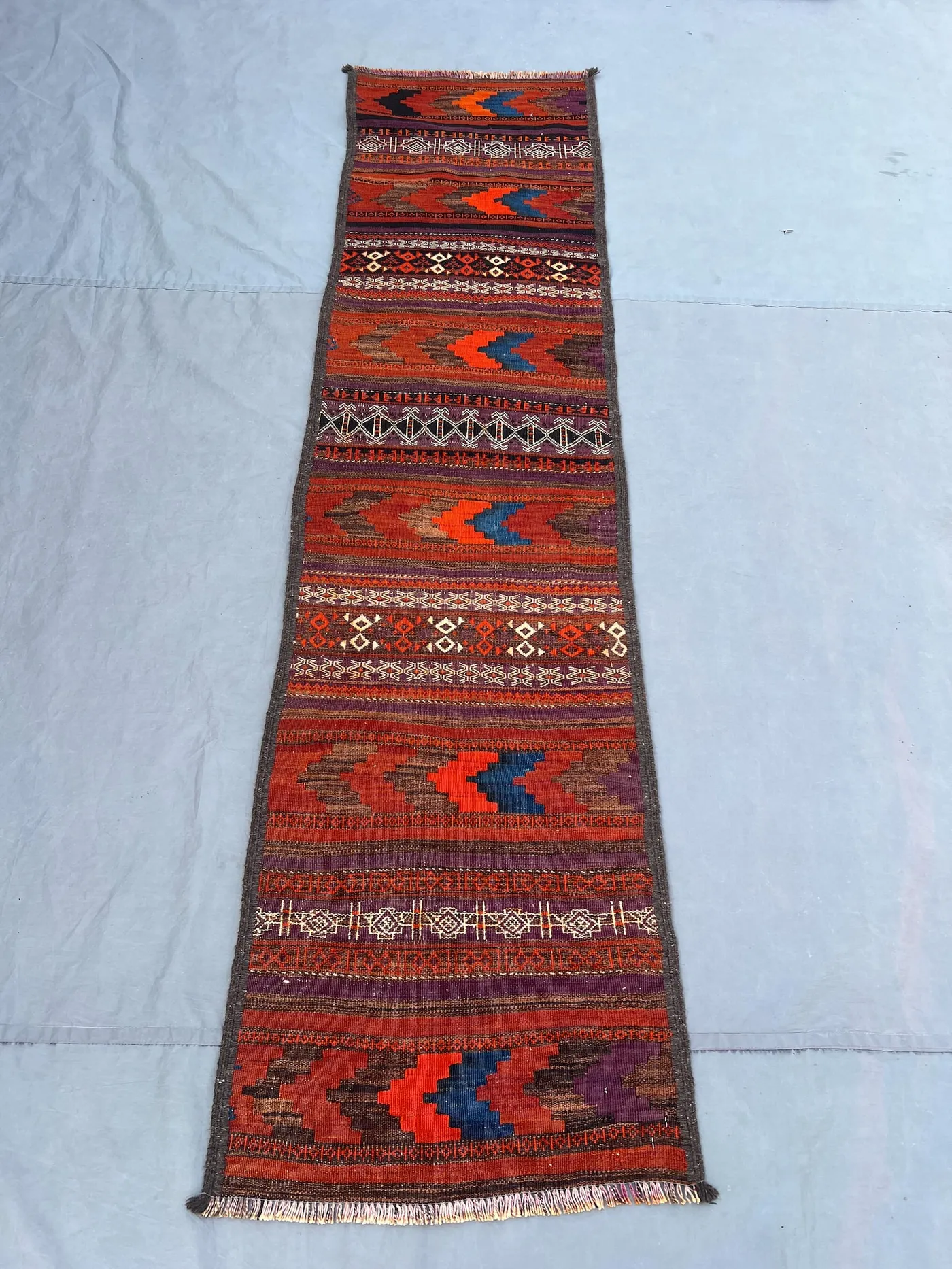 2x7'11 Vintage Afghan Flat Woven Wool Kilim Runner Bold Orange Red Purple Zigzag Chevron Stripe Tribal Boho Hallway Kitchen Runner Carpet