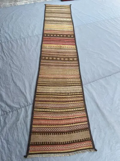 2'3x11'5 Ft Vintage Afghan Flat Woven Wool Kilim Long Runner Earthy Camel Gold Brown Stripe Geometric Tribal B