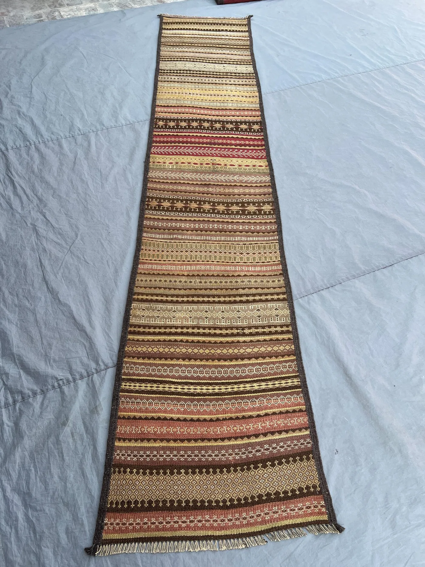 2'3x11'5 Ft Vintage Afghan Flat Woven Wool Kilim Long Runner Earthy Camel Gold Brown Stripe Geometric Tribal Boho Hallway Staircase Carpet