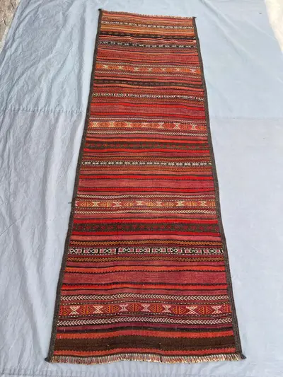 2'8x8'4 Vintage Afghan Baluchi Kilim Runner Rug - Handwoven Flatweave, Red & Brown Stripes with Geometric Patt