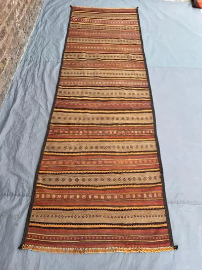 3'x9'7 Ft Vintage Afghan Handwoven Kilim Rug Flatweave – Warm Red, Orange & Black Stripes, Traditional Tribal 