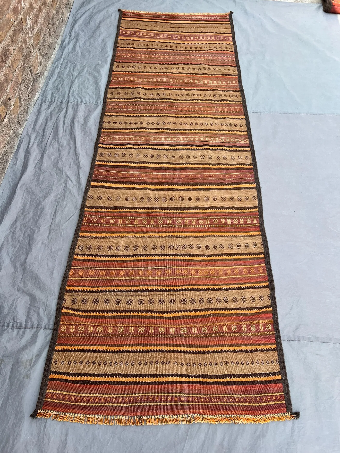 3'x9'7 Ft Vintage Afghan Handwoven Kilim Rug Flatweave – Warm Red, Orange & Black Stripes, Traditional Tribal Wool  Hallway or Entryway