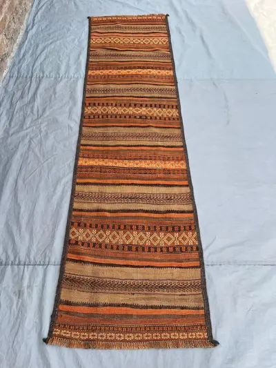 2'4x8'8 Vintage Afghan Kilim Rug - Handwoven Flatweave, Earth Tones with Geometric Design - Long Narrow Runner