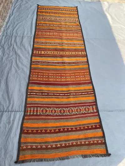3x10 ft Antique Afghan Kilim Rug - Handwoven Flatweave, Warm Earth Tones & Geometric Design - Vintage Runner f