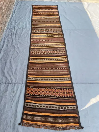 2'6x10'6 ft Vintage Afghan Kilim Runner Rug - Handwoven Flatweave, Warm Earthy Tones & Geometric Design - Narr