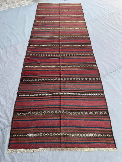 3'11x11'11 Ft Vintage Afghan Kilim Runner Rug Red Striped Geometric Flatweave Handwoven Wool Hallway Runner | 