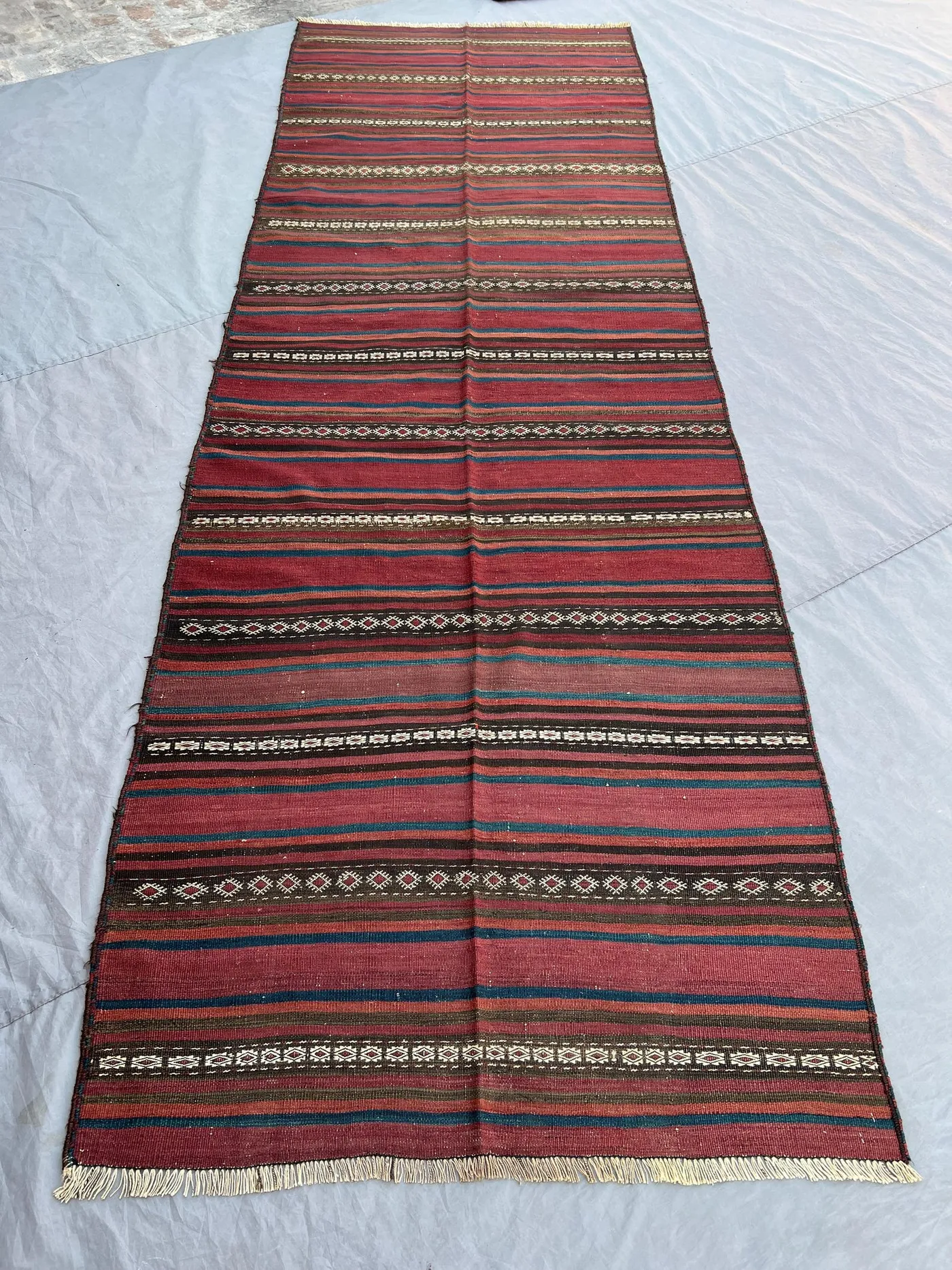 3'11x11'11 Ft Vintage Afghan Kilim Runner Rug Red Striped Geometric Flatweave Handwoven Wool Hallway Runner | Hallway Kitchen