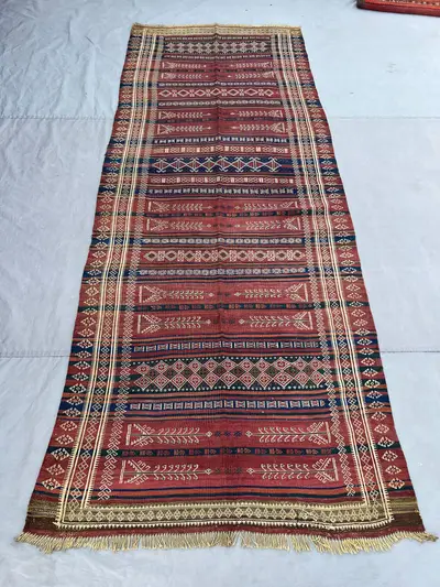 3'11x10 Vintage Afghan Kilim Runner | Flat Weave Wool Hallway Runner | Red Navy Ivory Horizontal Stripe Geomet