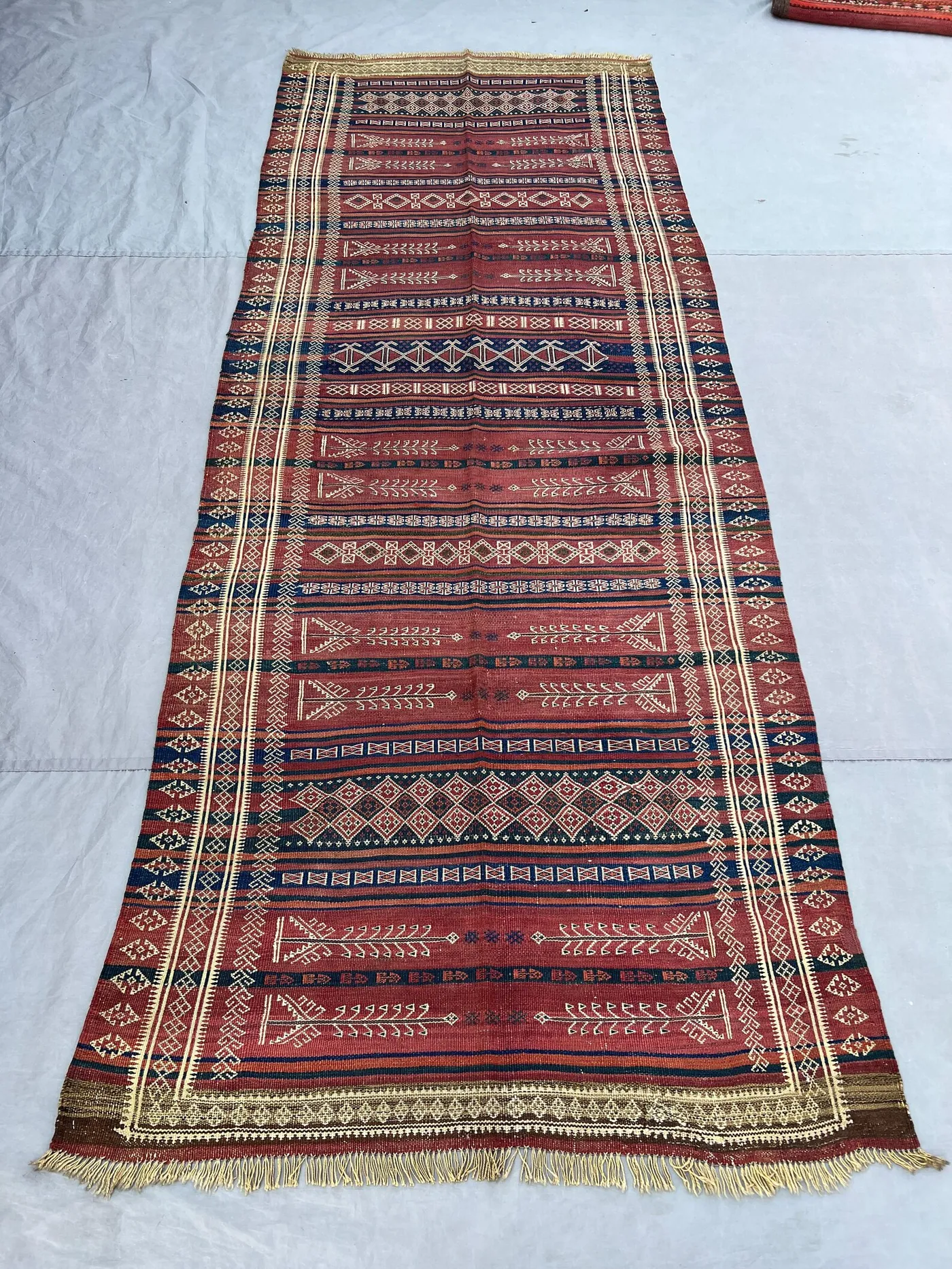 3'11x10 Vintage Afghan Kilim Runner | Flat Weave Wool Hallway Runner | Red Navy Ivory Horizontal Stripe Geometric Kilim Runner
