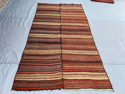 5x9'3 Vintage Afghan Kilim | Flat Weave Wool Area Kilim | Earthy Red Brown Camel Horizontal Stripe Kilim | Boh