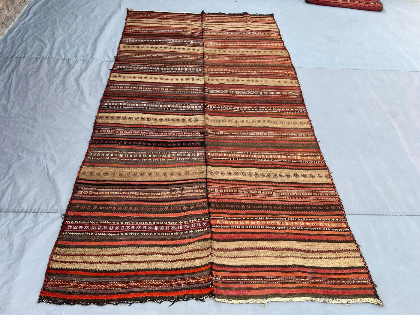 5x9'3 Vintage Afghan Kilim | Flat Weave Wool Area Kilim | Earthy Red Brown Camel Horizontal Stripe Kilim | Bohemian Living Room Kilim