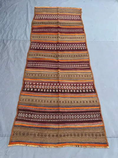 3'2x8'4 Vintage Afghan Kilim Runner | Flat Weave Wool Hallway Runner | Orange Burgundy Brown Horizontal Stripe