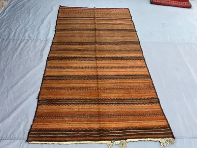 4'6x8'2 Vintage Afghan Kilim | Flat Weave Wool Area Kilim | Warm Burnt Orange Brown Horizontal Stripe Kilim | 