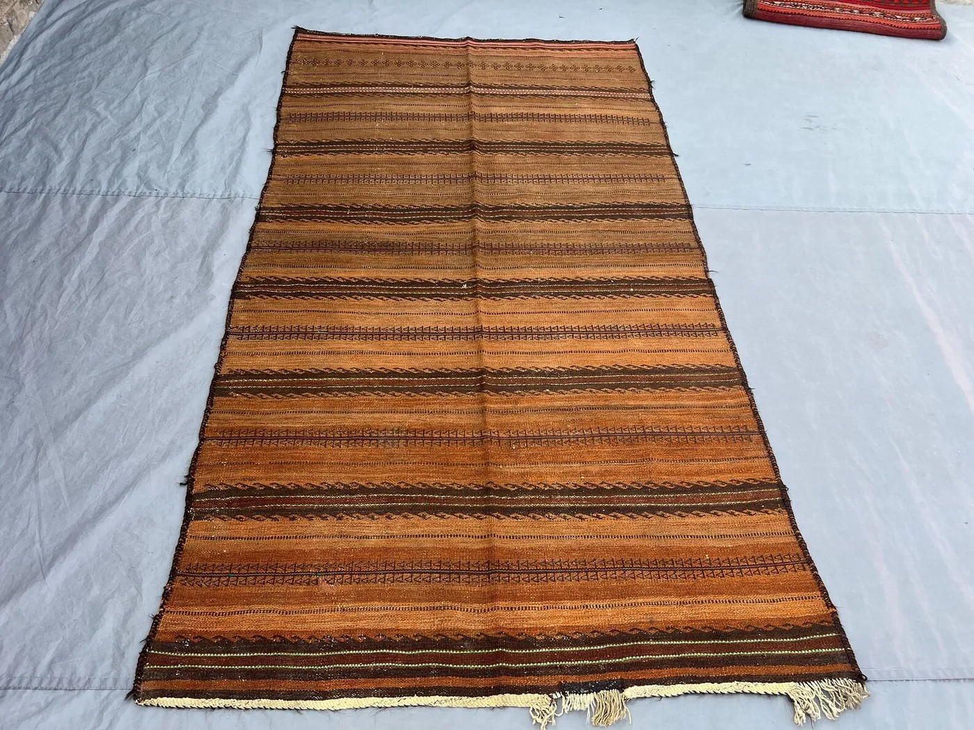 4'6x8'2 Vintage Afghan Kilim | Flat Weave Wool Area Kilim | Warm Burnt Orange Brown Horizontal Stripe Kilim | Bohemian Living Room Kilim