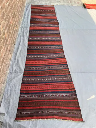 2'8x11'11 Ft Vintage Afghan Balochi Kilim Flatweave Runner – Rich Red & Multicolor Stripes, Traditional Wool R