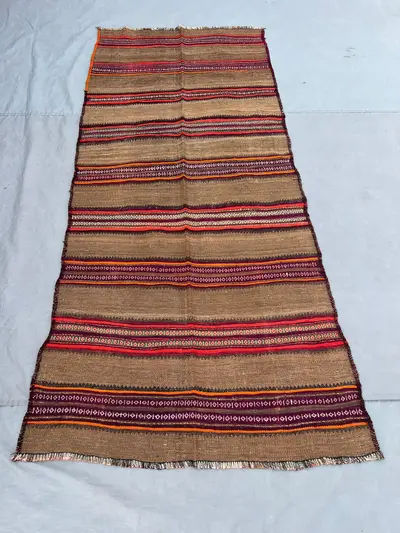 3'5x7'9 Vintage Afghan Flat Woven Natural Wool Kilim Camel Hair Ground Red Orange Stripe Geometric Diamond Tri