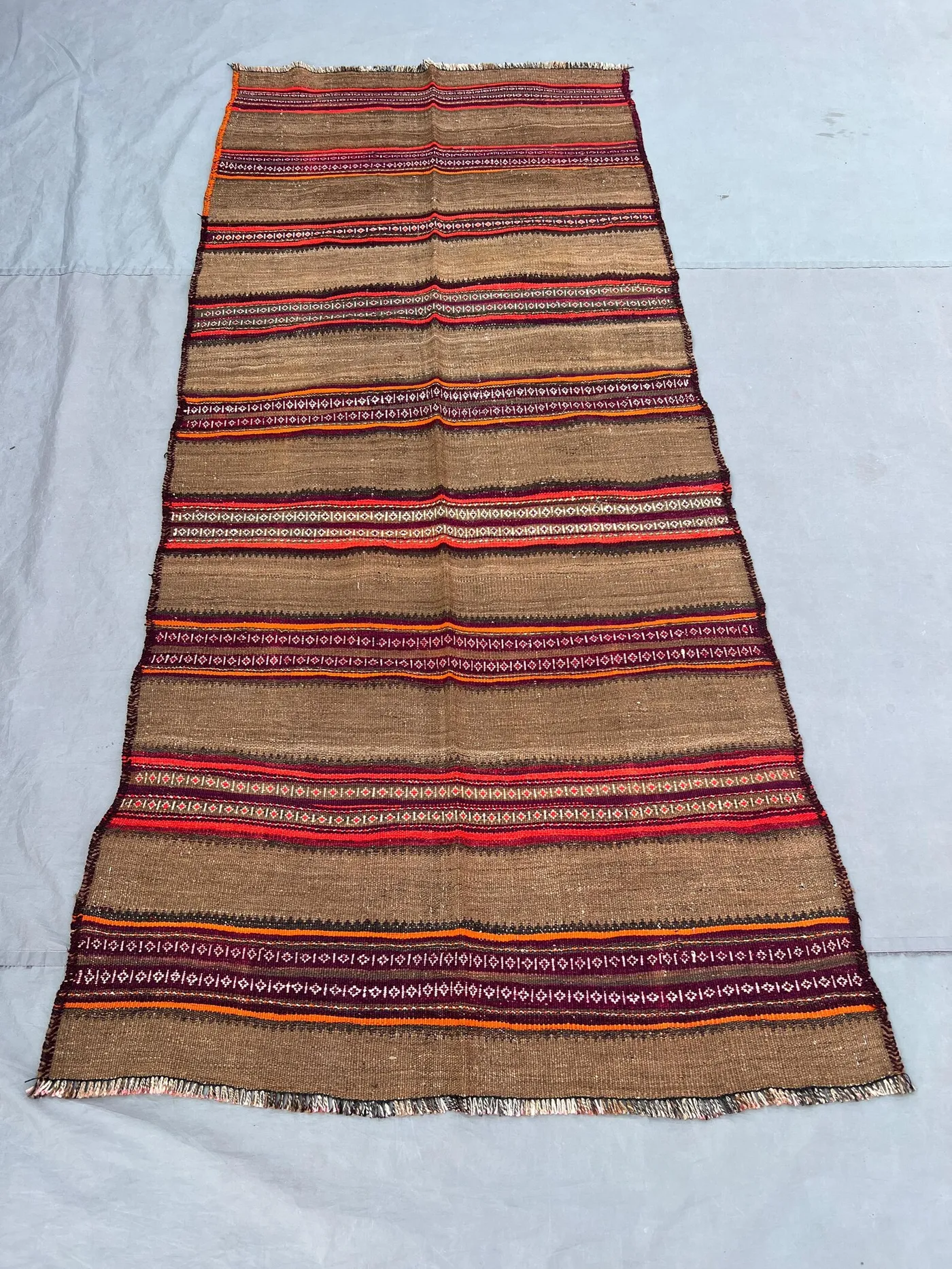 3'5x7'9 Vintage Afghan Flat Woven Natural Wool Kilim Camel Hair Ground Red Orange Stripe Geometric Diamond Tribal Boho Hallway Carpet