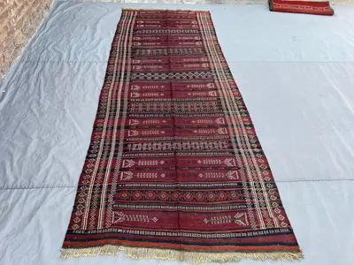4'x10'4 Ft Vintage Afghan Kilim Rug Deep Red Tribal Stripe Arrow Geometric Flatweave Handwoven Wool Area Rug |