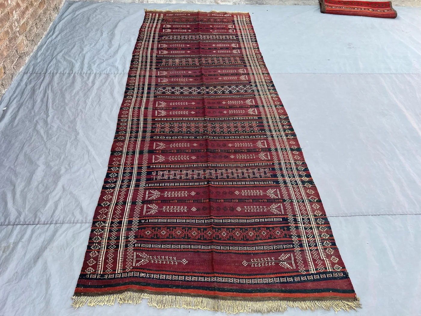 4'x10'4 Ft Vintage Afghan Kilim Rug Deep Red Tribal Stripe Arrow Geometric Flatweave Handwoven Wool Area Rug | Living Room Hallway