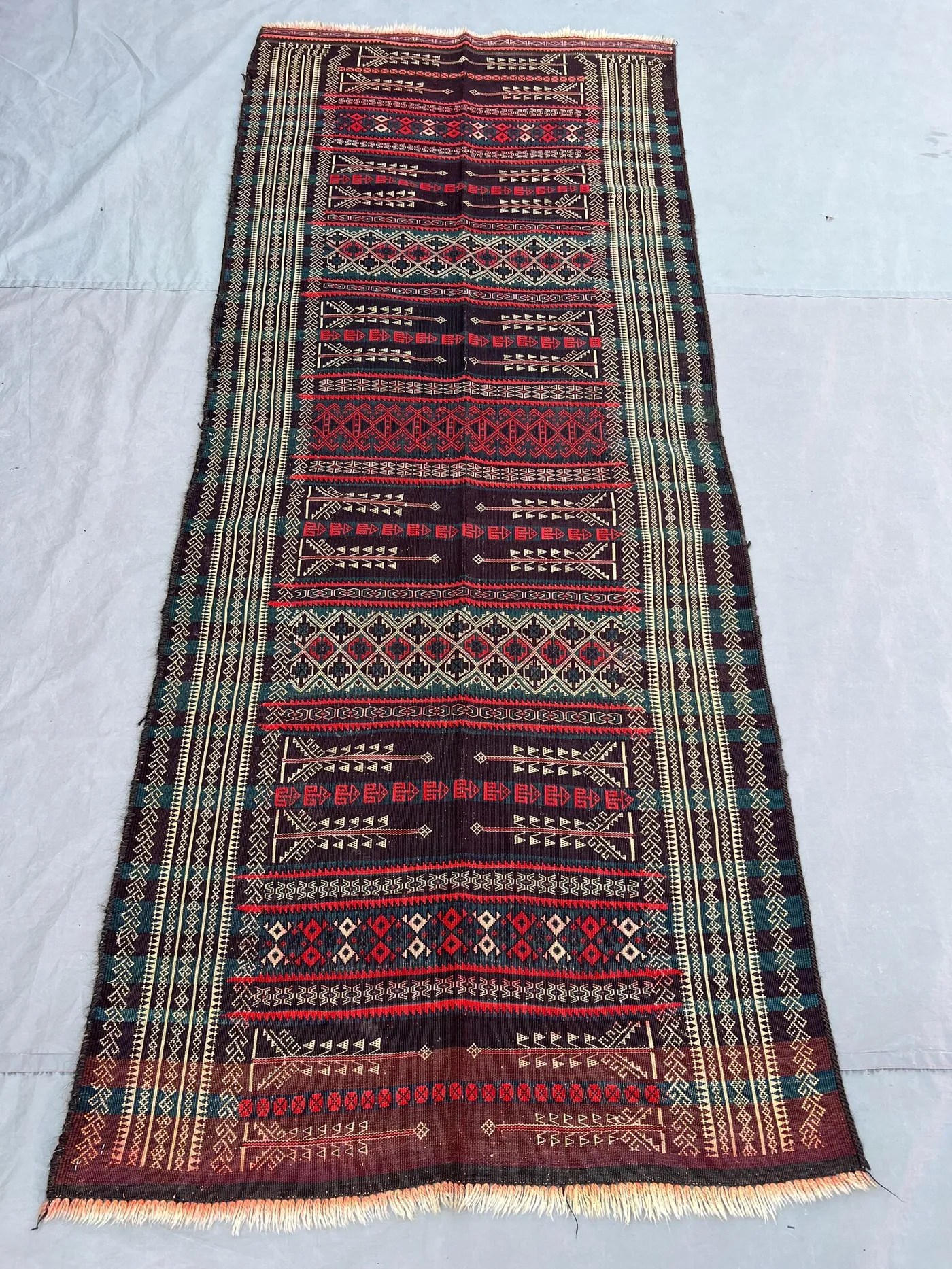 3'3x8'2 Vintage Afghan Kilim Runner Rug Dark Tribal Geometric Flatweave Handwoven Wool Hallway Runner | Hallway Kitchen Boho Stair Decor