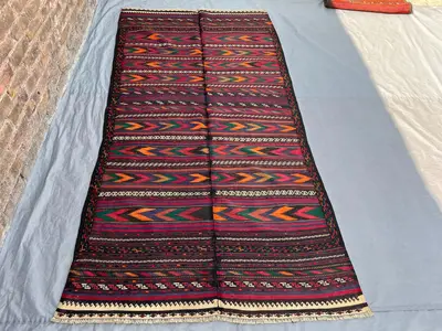 4'3"x8'7" Vintage Afghan Hand-Knotted Kilim Flatweave Rug – Bold Red & Multicolor Chevron Stripes, Wool, Tradi
