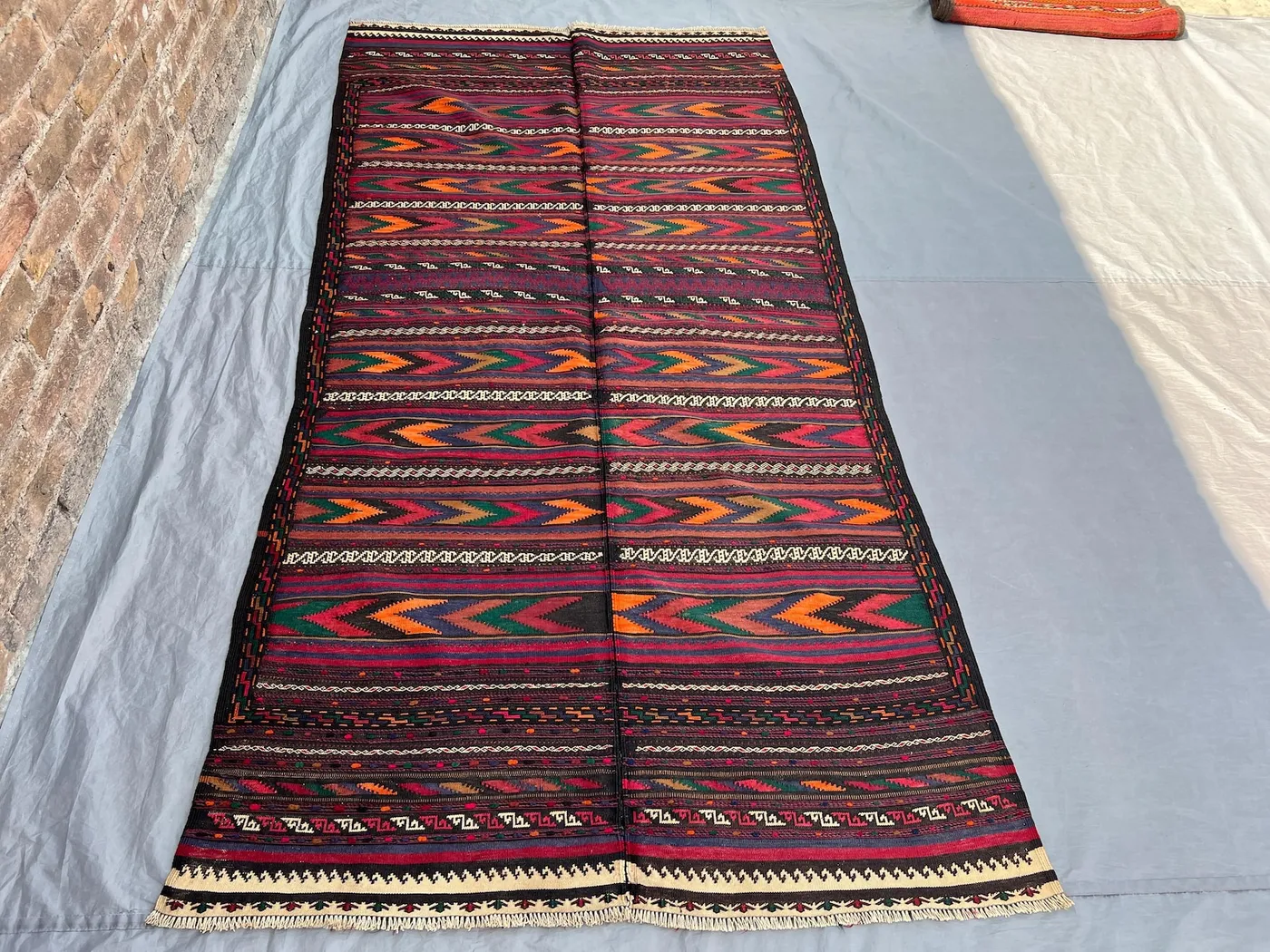 4'3"x8'7" Vintage Afghan Hand-Knotted Kilim Flatweave Rug – Bold Red & Multicolor Chevron Stripes, Wool, Traditional  Hallway or Living Room