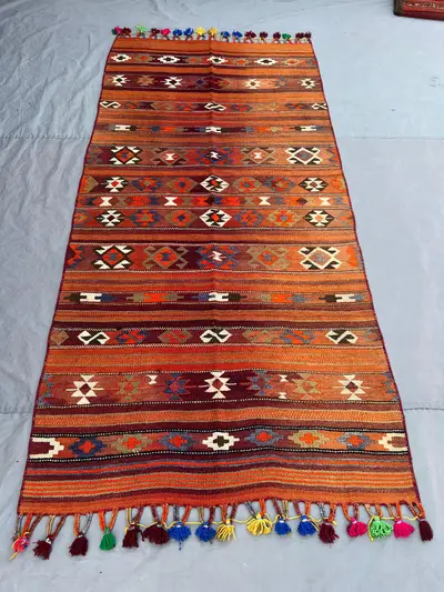 4'1x8'10 Vintage Afghan Kilim Rug Orange Tribal Stripe Diamond Geometric Flatweave Handwoven Wool Area Rug | L