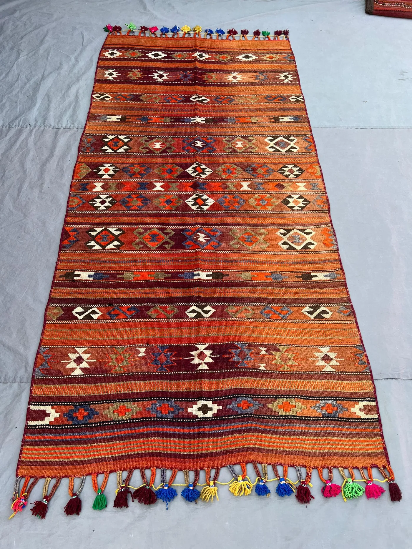 4'1x8'10 Vintage Afghan Kilim Rug Orange Tribal Stripe Diamond Geometric Flatweave Handwoven Wool Area Rug | Living Room Hallway Boho Decor