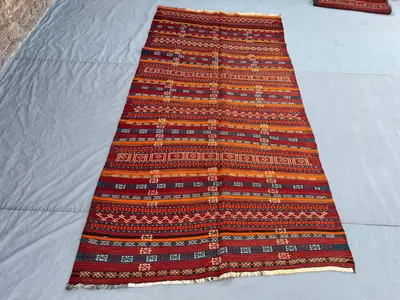 4'7x9 Ft Vintage Afghan Kilim Rug Red Orange Tribal Stripe Geometric Flatweave Handwoven Wool Area Rug | Livin