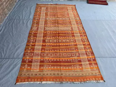 4'11x10'1 Ft Vintage Afghan Kilim Rug Burnt Orange Tribal Stripe Geometric Flatweave Handwoven Wool Area Rug L