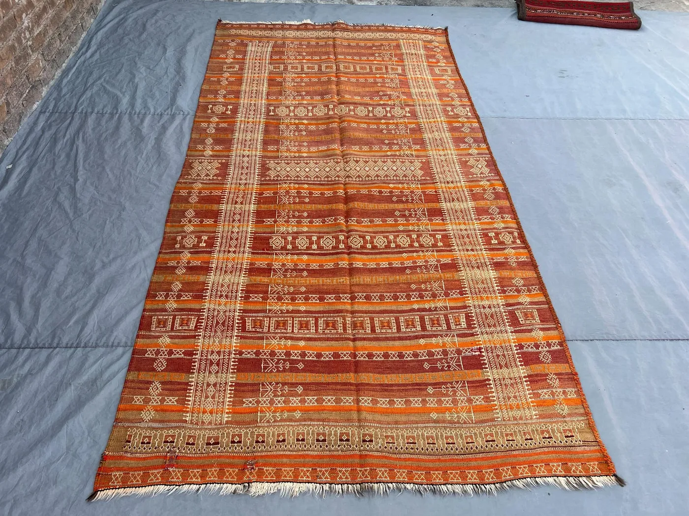 4'11x10'1 Ft Vintage Afghan Kilim Rug Burnt Orange Tribal Stripe Geometric Flatweave Handwoven Wool Area Rug Living Room Hallway Boho Decor